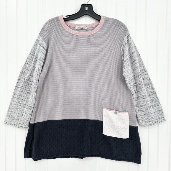 Margaret Winters Sweater Womens Medium Knit Cotton Pocket Mixed Media Boho - Picture 1 of 9